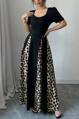 Fashionable Leopard Print Patchwork Slim Short-sleeved Maxi Dress