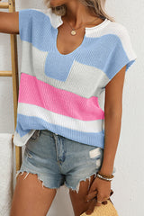 Fashionable Contrasting Color Casual Short-sleeved Loose Sweater