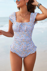 Floral Print Square Neck Stretch One-piece Swimsuit and Elegant Tulle Scarf Set
