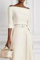 Solid Color Off-the-shoulder Waist-tied Elegant Midi Dress