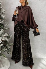 Chic and Merry Velvet Sequin High Rise Elastic Waist Flare Pants