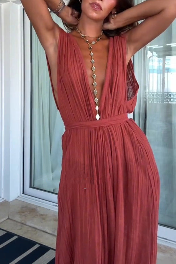 Resort Style V-neck Tie Pleated Casual Jumpsuit