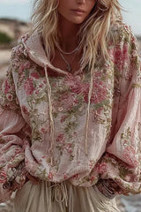 Floral Print Loose Hooded Long-Sleeved Sweatshirt