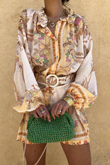 Botanical Print Palace Style Stand-up Collar Lantern Sleeve Loose Top and Casual Shorts Set