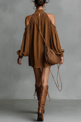 Stylish Off-shoulder Lantern-sleeved Suede Loose Mini Dress