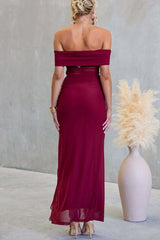 Sexy Mesh Off-shoulder Slim Fit Ruffled Slit Maxi Dress