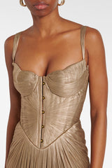 Vegas Queen Metallic Pleated Sculpted Bodice Back Lace-up Drape Maxi Dress