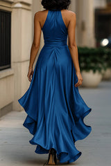 Solid Color Satin V-neck Sleeveless Elegant Ruffle Maxi Dress