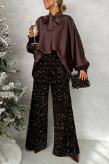 Chic and Merry Velvet Sequin High Rise Elastic Waist Flare Pants