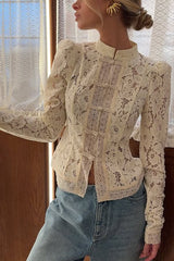 Fashion Hollow Lace Stand Collar Long Sleeve Slim Shirt
