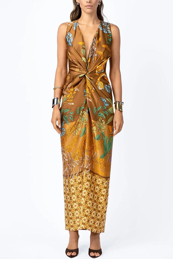 Naturally Inspired Satin Unique Floral Print Twist Waist Slit Drape Maxi Dress
