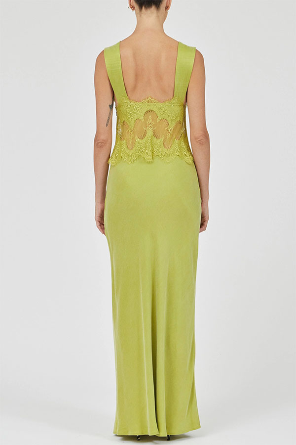 Effortless Elegance Satin Sheer Lace Patchwork V-neck Drape Maxi Dress