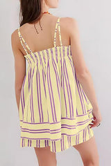 Striped Print Suspender Loose Pocket Top and Elastic Waist Casual Shorts Set