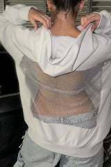 Fashionable Shiny Mesh Hollow Back Loose Long-sleeved Hooded Sweatshirt