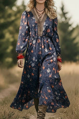 Bohemian Floral Print V-neck Long-sleeved Maxi Dress