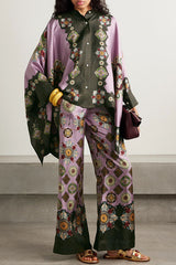 Satin Unique Print Loose Batwing Sleeve Top and Elastic Waist Pocket Casual Wide-leg Pants Set