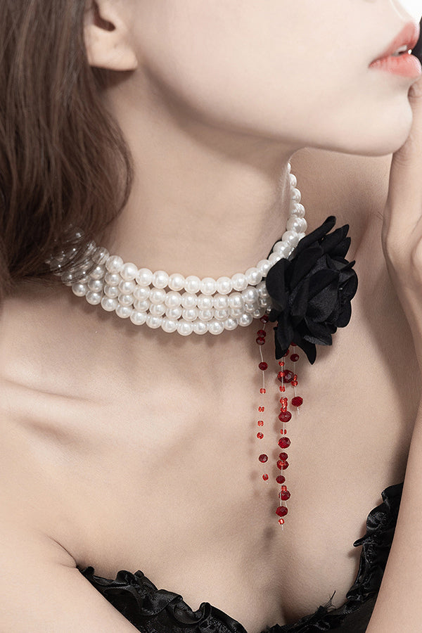 Halloween Dark Blood-stained Pearl Beaded Rose Necklace