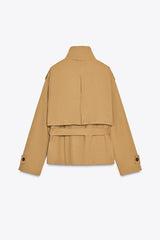 Chic Comfort Epaulettes Contrast Buttons Pocket Belt Cropped Trench Coat