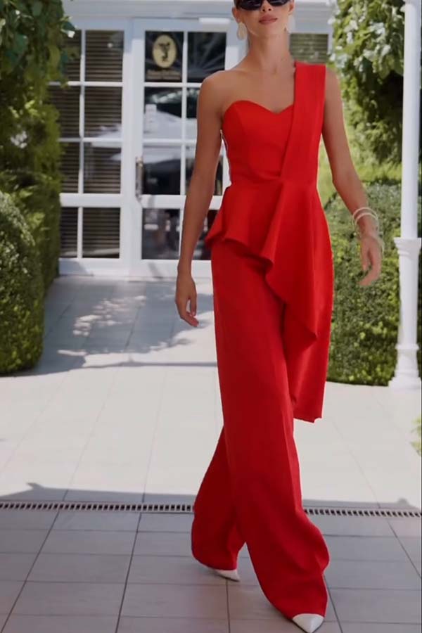 Amena One Shoulder Sweetheart Neck Ruffle Hem Top and Elastic Waist Pocket Wide Leg Pants Set