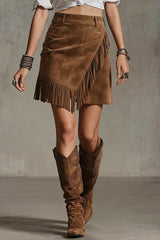 Retro Suede Casual Asymmetrical Fringed Hem Mini Skirt