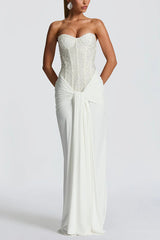 Carina Sequined and Satin Jersey Off Shoulder Ruched Knot Drape Maxi Dress
