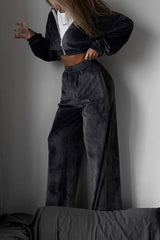 Solid Color Velvet Long-sleeved Zip-up Sweatshirt and Elastic Waist Casual Pocket Straight-leg Pants Set