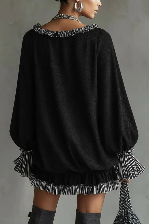 Fashionable Patchwork Ruffled Loose Long-sleeved Casual Mini Dress