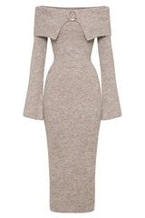 Solid Color Off-shoulder Long-sleeved Elegant Slim-fit Knit Maxi Dress