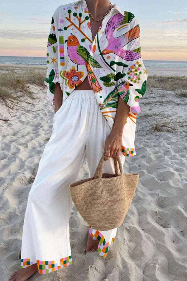 Bird Print Oversized Shirt and Elastic Waist Pocket Pants Set