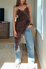 Elouise Satin Lace Trim V-neck Asymmetrical Hem Slip Mini Dress