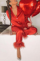 Solid Color Lapel Feather Trousers Two-piece Suit