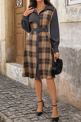 Retro Plaid Patchwork Casual Belt Workplace Style Midi Dress