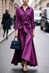 Solid Color Collared Long-sleeved Belted Shirt Style Elegant Maxi Dress