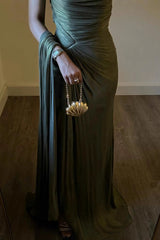 Fashion One-shoulder Pleated Ribbon Slim Slit Maxi Dress