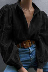 Fashion Hollow Puff Sleeve Casual Lapel Loose Shirt