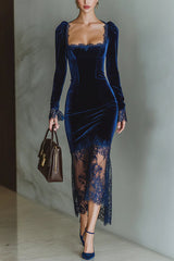 Fashionable Velvet and Lace Patchwork Square Neck Long-sleeved Maxi Dress
