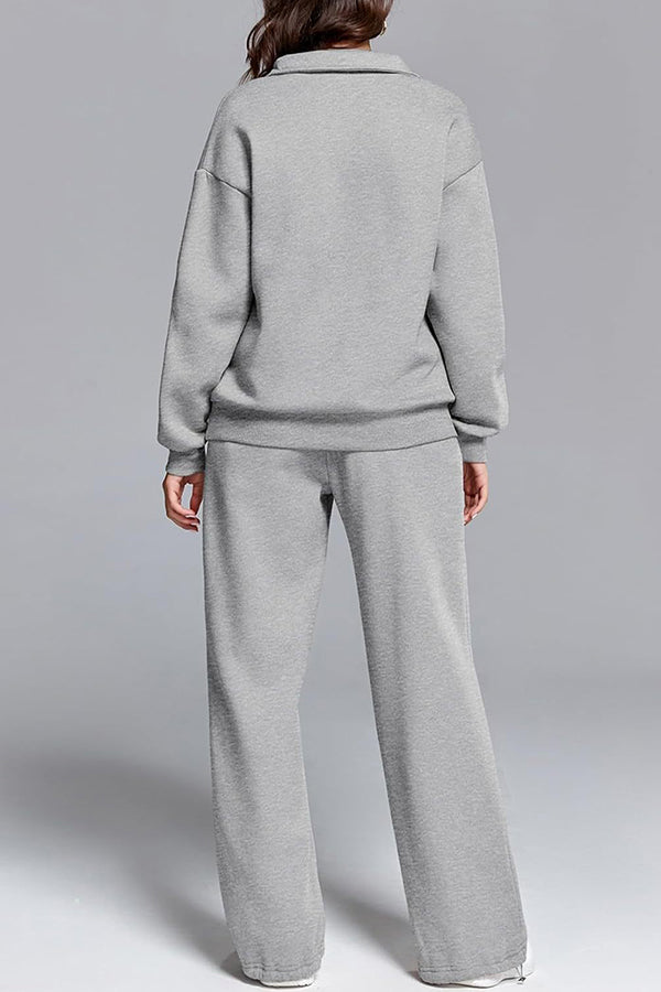 Solid Color Long-sleeved Lapel Sports Sweatshirt and Elastic Waist Casual Pocket Pants Set