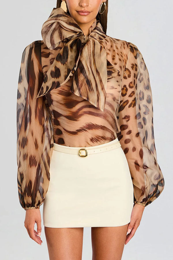 Peregrine Semi-sheer Silk Animal Print Bow Neck Balloon Sleeve Loose Blouse