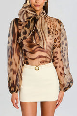 Peregrine Semi-sheer Silk Animal Print Bow Neck Balloon Sleeve Loose Blouse