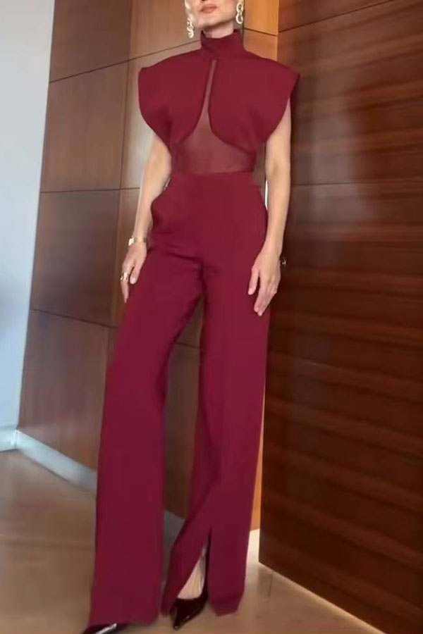 Vita Mesh Patchwork High Neck Wide Sleeve Bodysuit and High Rise Pocket Slit Pants Set