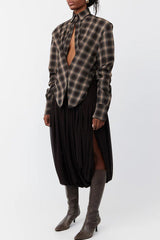 Vintage Plaid Shoulder Pad Buttons Long Sleeve Angled Hem Shirt