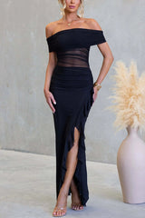 Sexy Mesh Off-shoulder Slim Fit Ruffled Slit Maxi Dress