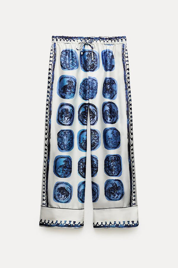 Unique Print Lapel Long Sleeve Shirt and Elastic Waist Wide Leg Pants Set