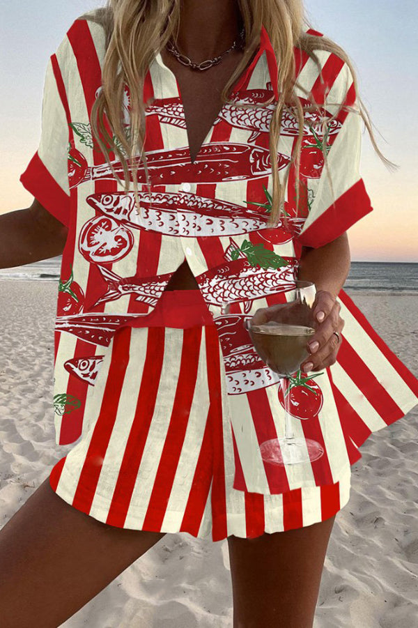 Striped Tomato Fish Print Loose Button Elastic Waist Shorts Set