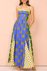 Contrast Color Polka Dot Print Back Zipper Halter Button Maxi Dress