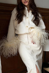 Solid Color Elegant Feather Long Sleeve Casual Knitted Cardigan