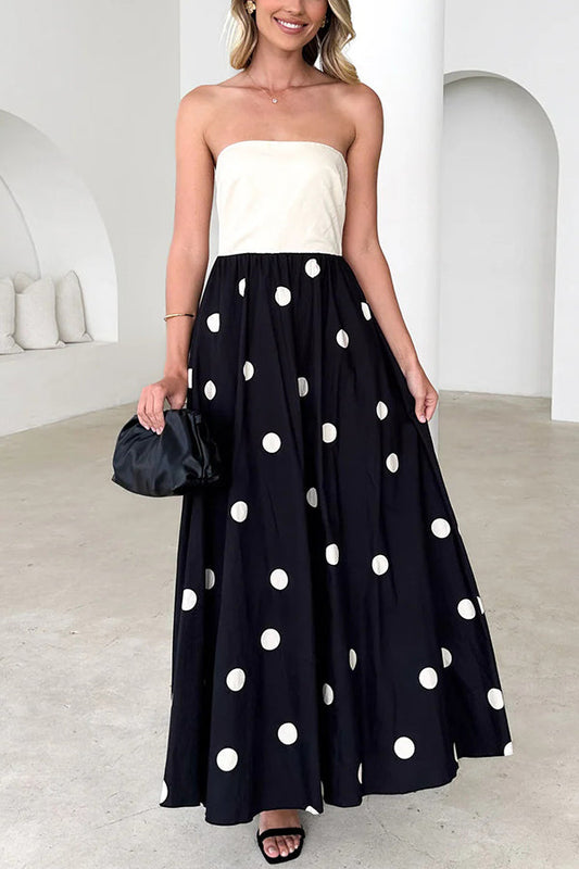 Fashion Polka Dot Print Tube Top Spliced Maxi Dress
