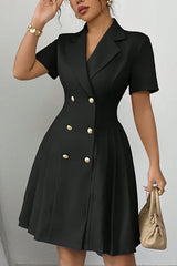 Solid Color Lapel Short Sleeve Button Waist Mini Dress