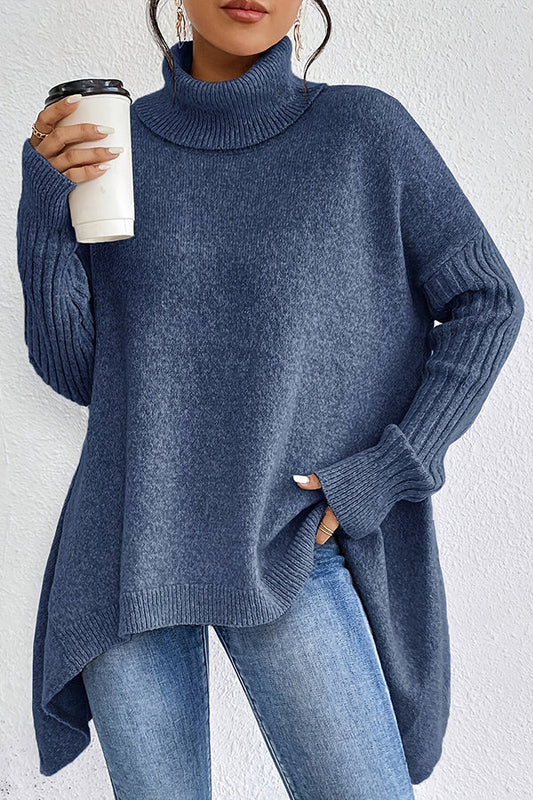 Solid Color High Collar Long Sleeve Loose Knitted Sweater