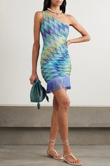 Eline Knit Colorful Zigzag PatternOne Shoulder Ruched Tassle Trim Mini Dress